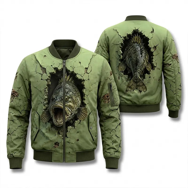 Cracked Wall 3D Largemouth Bass Fishing Bomber Jacket