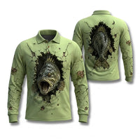 Cracked Wall 3D Largemouth Bass Fishing Polo Long Sleeve Shirt