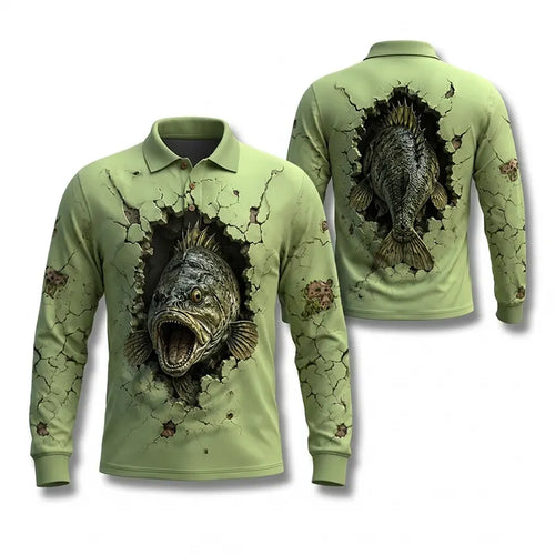 Cracked Wall 3D Largemouth Bass Fishing Polo Long Sleeve Shirt