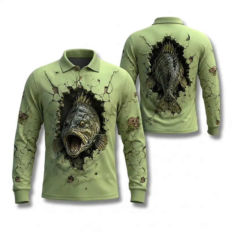 Cracked Wall 3D Largemouth Bass Fishing Polo Long Sleeve Shirt