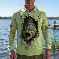 Cracked Wall 3D Largemouth Bass Fishing Polo Long Sleeve Shirt