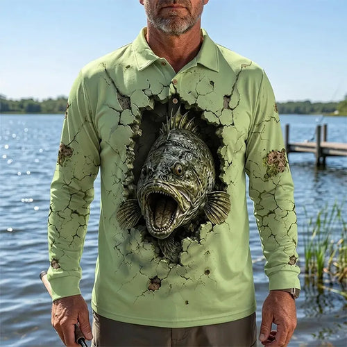 Cracked Wall 3D Largemouth Bass Fishing Polo Long Sleeve Shirt