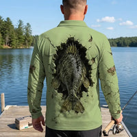 Cracked Wall 3D Largemouth Bass Fishing Polo Long Sleeve Shirt