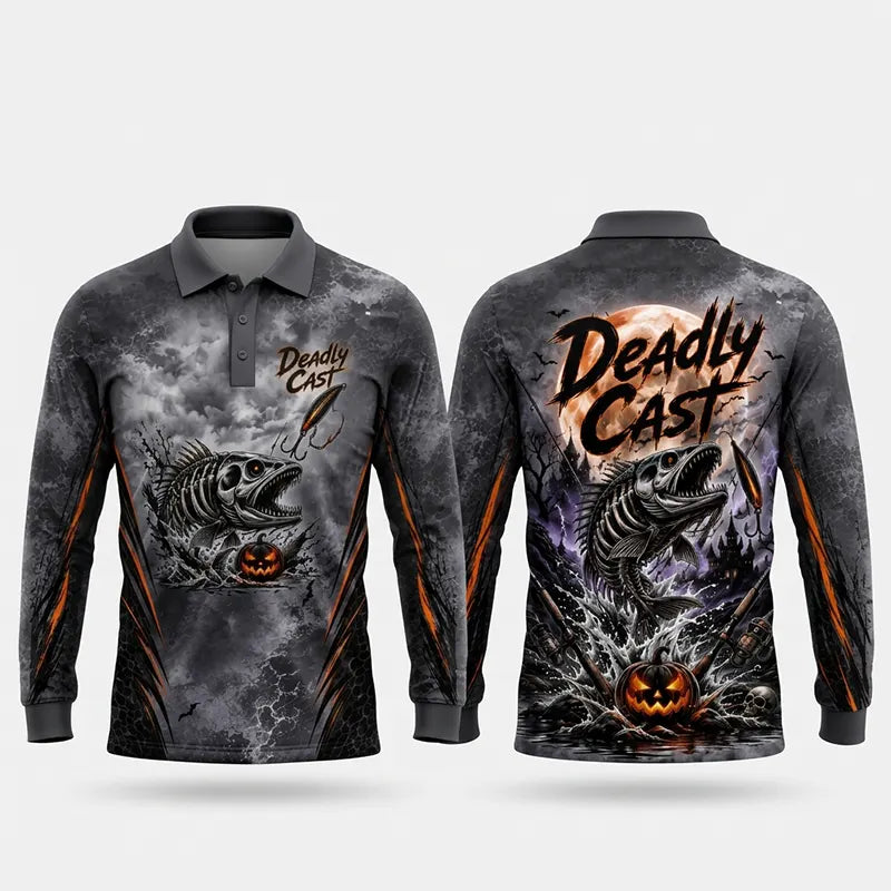 Deadly Cast Halloween 3D Fishing Polo Long Sleeve Shirt