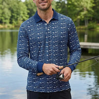 Deep Sea Shark Print Fishing Polo Long Sleeve Shirt