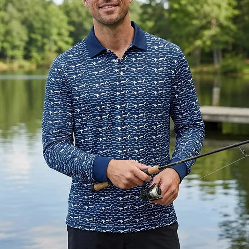 Deep Sea Shark Print Fishing Polo Long Sleeve Shirt