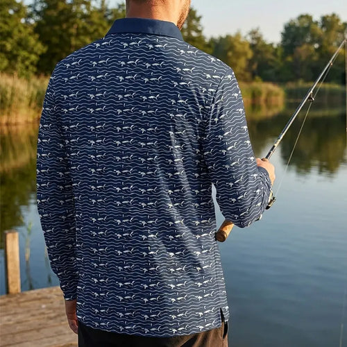 Deep Sea Shark Print Fishing Polo Long Sleeve Shirt