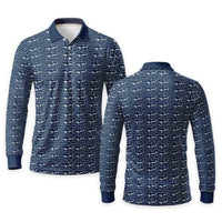 Deep Sea Shark Print Fishing Polo Long Sleeve Shirt
