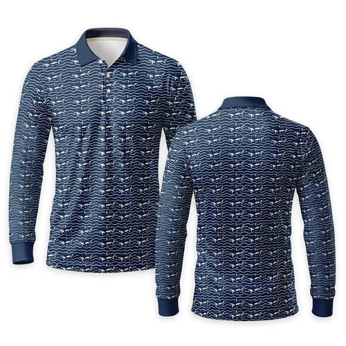 Deep Sea Shark Print Fishing Polo Long Sleeve Shirt