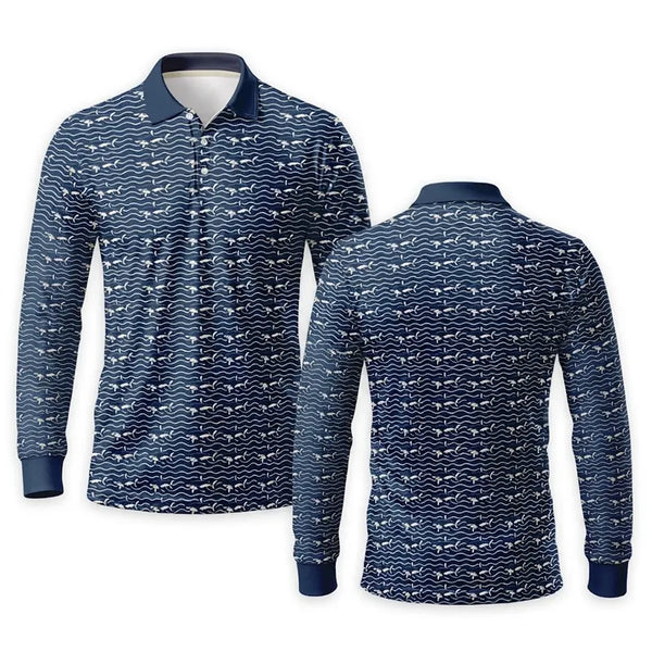 Deep Sea Shark Print Fishing Polo Long Sleeve Shirt 2026