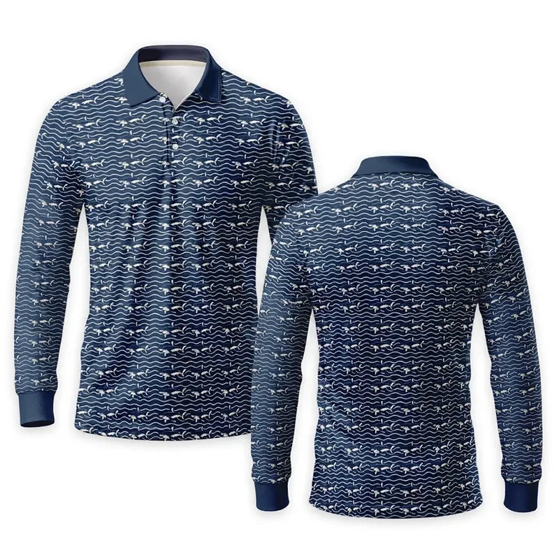 Deep Sea Shark Print Fishing Polo Long Sleeve Shirt