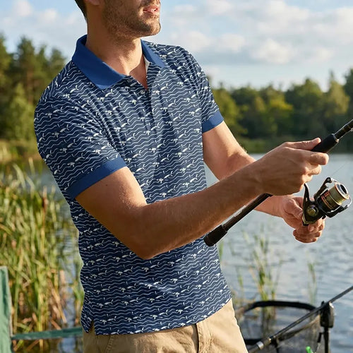 Deep Sea Shark Print Fishing Polo Shirt