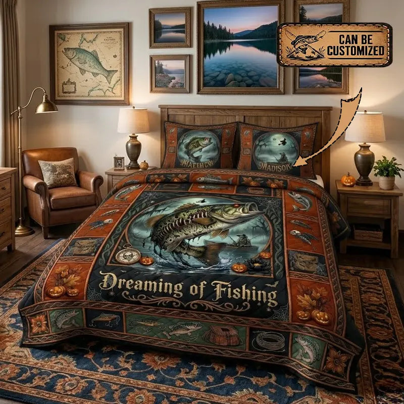 Dreaming of Fishing Bass Fishing Quilt Bedding Set