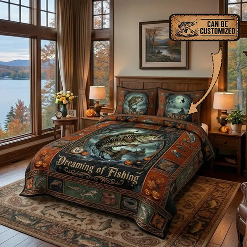 Dreaming of Fishing Bass Fishing Quilt Bedding Set