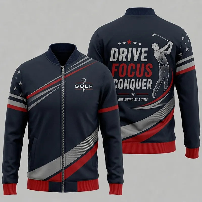 Drive Focus Conquer Patriotic Golf Bomber Jacket