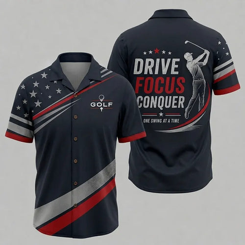Drive Focus Conquer Patriotic Golf Hawaiian Shirt