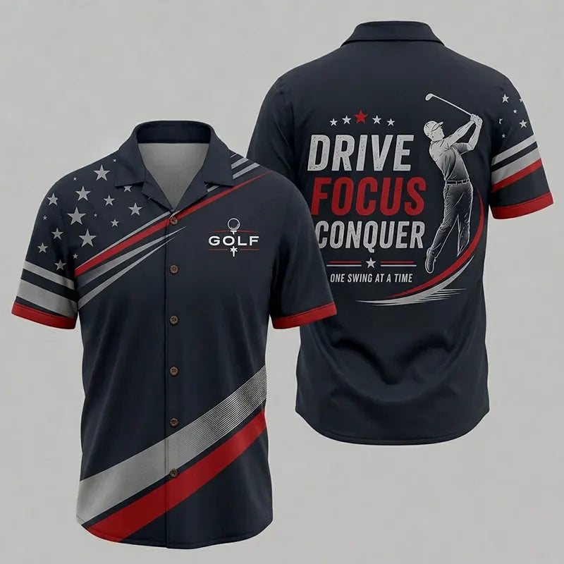 Drive Focus Conquer Patriotic Golf Hawaiian Shirt