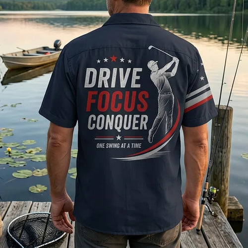 Drive Focus Conquer Patriotic Golf Hawaiian Shirt
