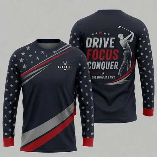 Drive Focus Conquer Patriotic Golf Long Sleeve Shirt