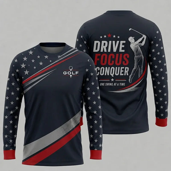 Drive Focus Conquer Patriotic Golf Long Sleeve Shirt 2026