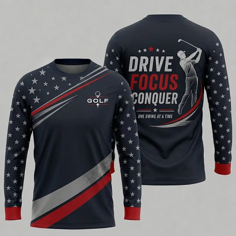 Drive Focus Conquer Patriotic Golf Long Sleeve Shirt