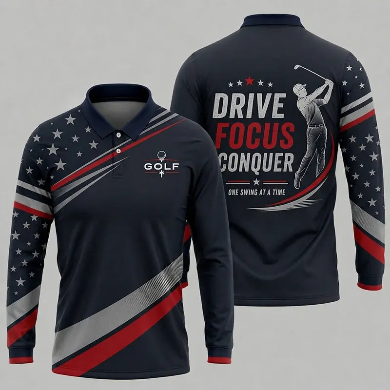 Drive Focus Conquer Patriotic Golf Polo Long Sleeve Shirt