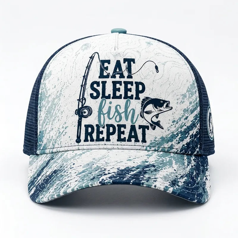 Eat Sleep Fish Repeat Trucker Hat with bass graphic and moss camo pattern