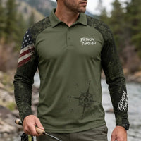 Fathom Thread Camo Topographic Map Outdoor Polo Long Sleeve Shirt