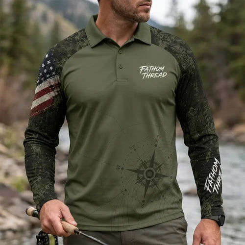 Fathom Thread Camo Topographic Map Outdoor Polo Long Sleeve Shirt