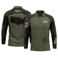 Fathom Thread Camo Topographic Map Outdoor Polo Long Sleeve Shirt
