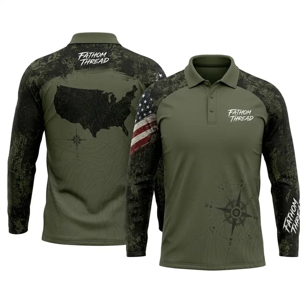 Fathom Thread Camo Topographic Map Outdoor Polo Long Sleeve Shirt