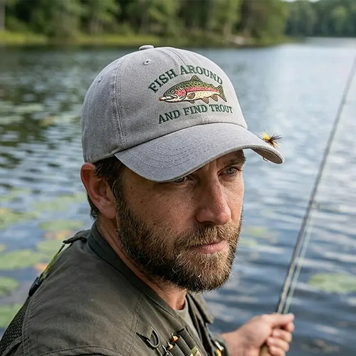 Fish Around And Find Trout Fishing Embroidered Cap