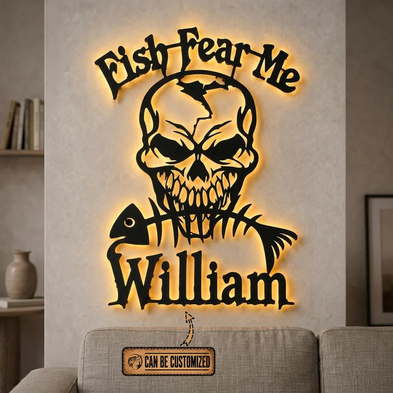 Fish Fear Me Customized Skull Fishing Wall Art LED 2026