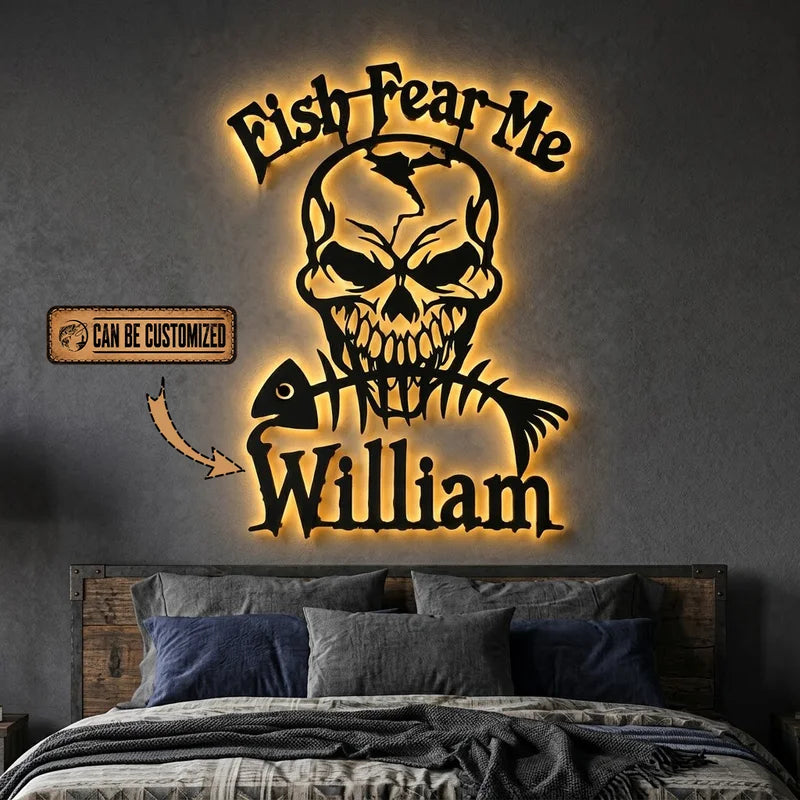 Fish Fear Me Customized Skull Fishing Wall Art LED 2026