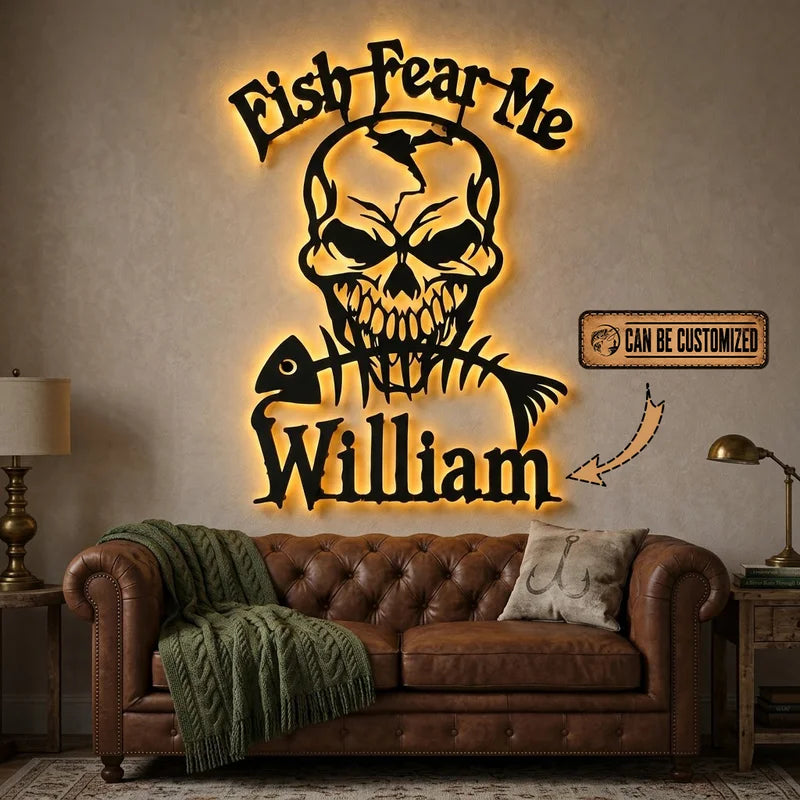 Fish Fear Me Customized Skull Fishing Wall Art LED 2026