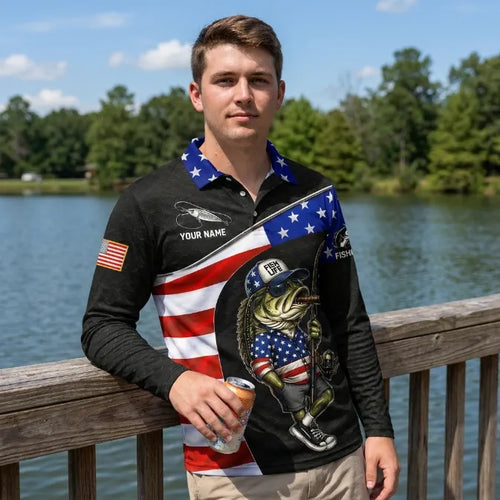 Fish Life American Bass Fishing Polo Long Sleeve Shirt