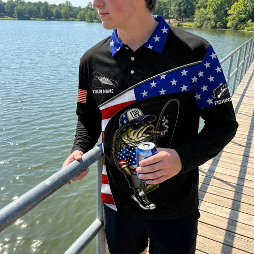 Fish Life American Bass Fishing Polo Long Sleeve Shirt