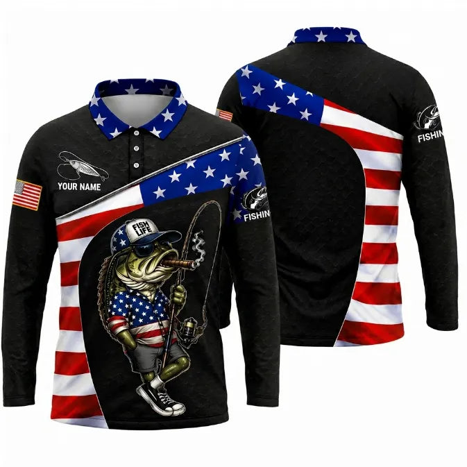 Fish Life American Bass Fishing Polo Long Sleeve Shirt