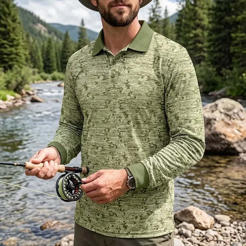 Fishing Camo Fish Pattern Performance Polo Long Sleeve Shirt