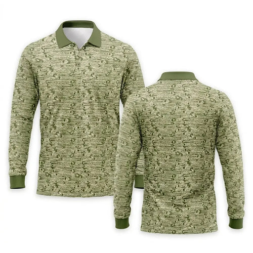 Fishing Camo Fish Pattern Performance Polo Long Sleeve Shirt