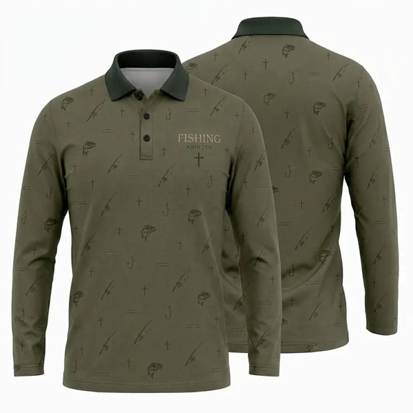 Fishing John 21:6 Christian Fishing Polo Long Sleeve Shirt