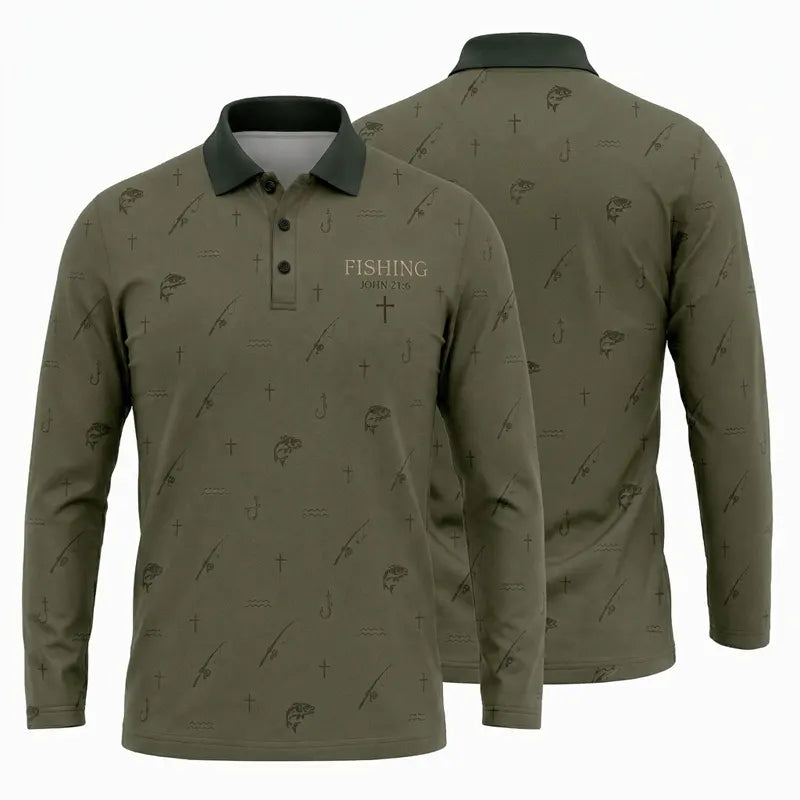Fishing John 21:6 Christian Fishing Polo Long Sleeve Shirt