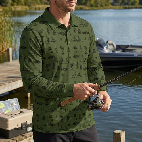 Fishing Life Pattern Polo Long Sleeve Shirt