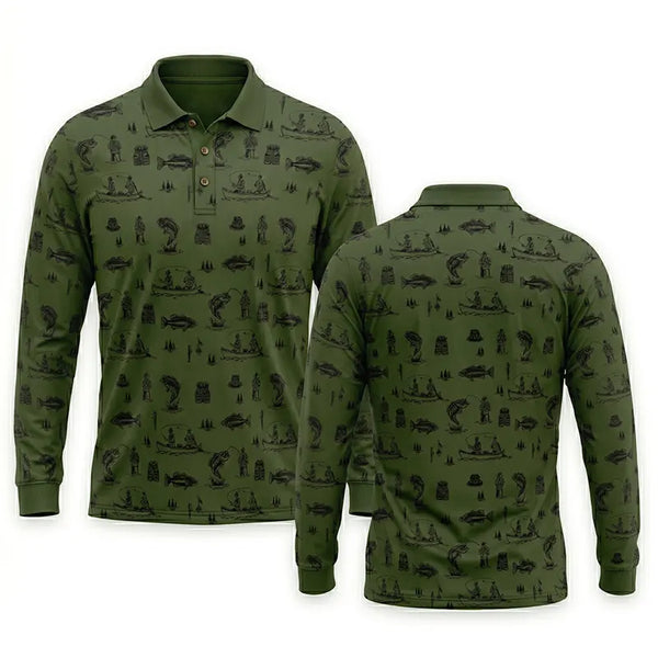 Fishing Life Pattern Polo Long Sleeve Shirt 2026
