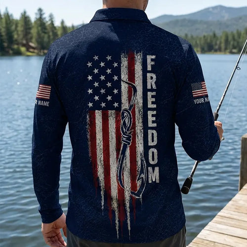 Freedom American Flag Personalized Fishing Polo Long Sleeve Shirt