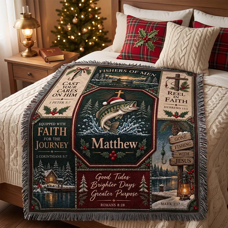 Gone Fishing with Jesus Christmas Fishing Tassels Blanket 2026