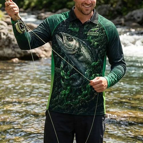 Green Strike Predator Mode Fishing Polo Long Sleeve Shirt