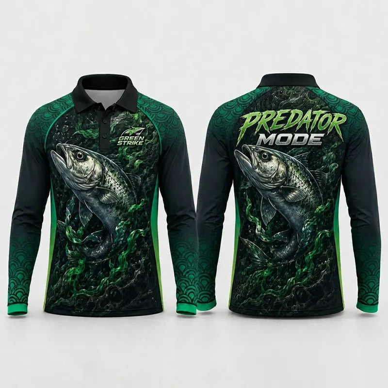 Green Strike Predator Mode Fishing Polo Long Sleeve Shirt