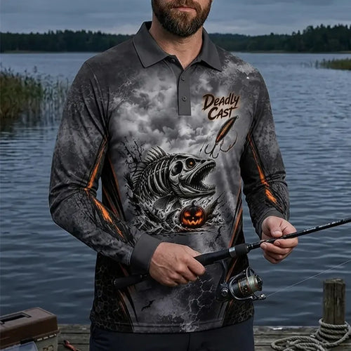 Deadly Cast Halloween 3D Fishing Polo Long Sleeve Shirt