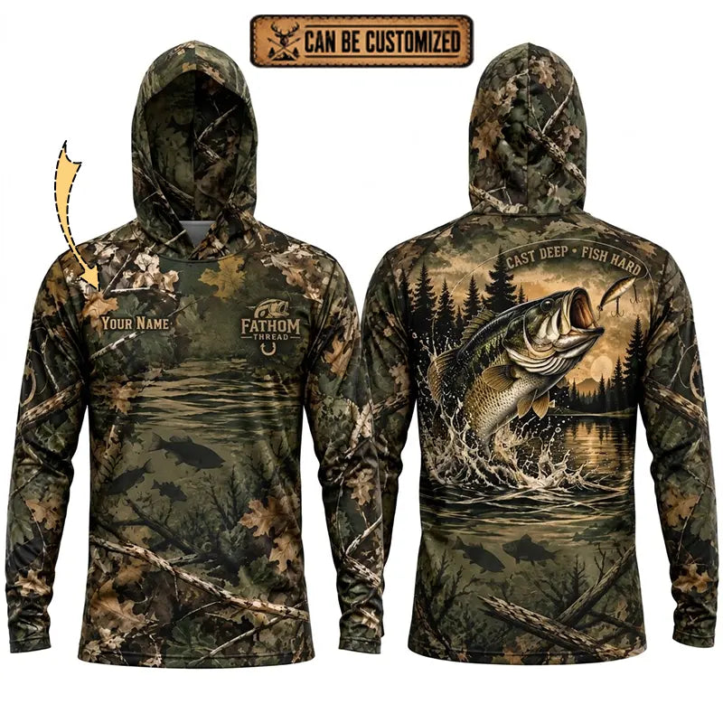 Fathom Thread Camouflage Personalized Fishing Hooded Long Sleeve Shirt